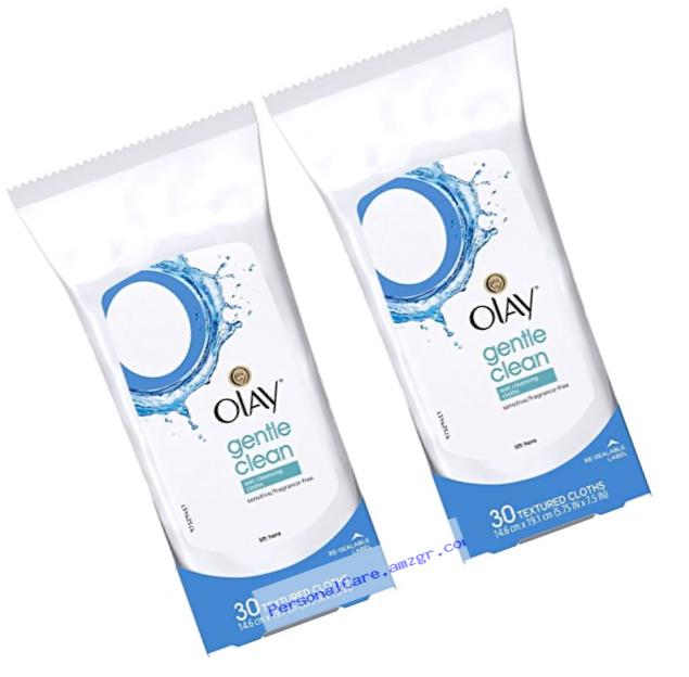 OLAY Wet Cleansing Cloths Gentle Clean, Sensitive/Fragrance-Free 30 Ea ( Pack of 2)